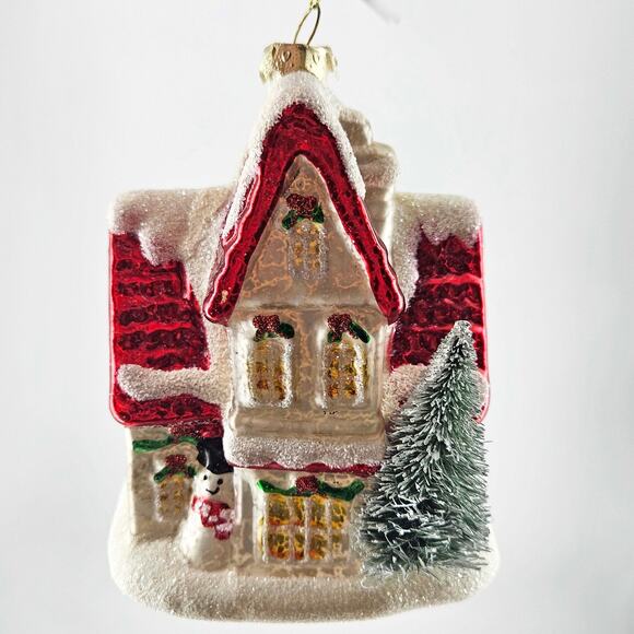 Robert Stanley red cottage house w bottle brush tree Glass Christmas Ornament - Picture 1 of 4